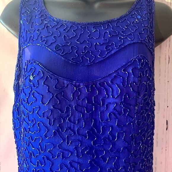 Royal Blue Silk Beaded Dress Sean Collection - Picture 3 of 8